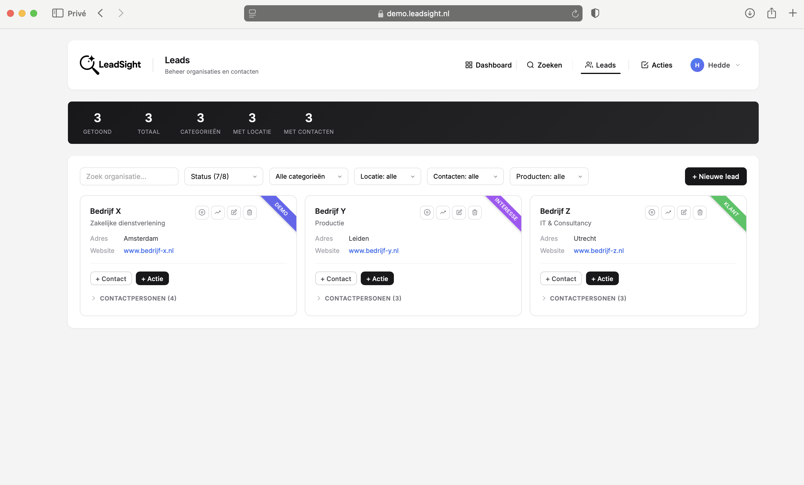 LeadSight Leads overzicht