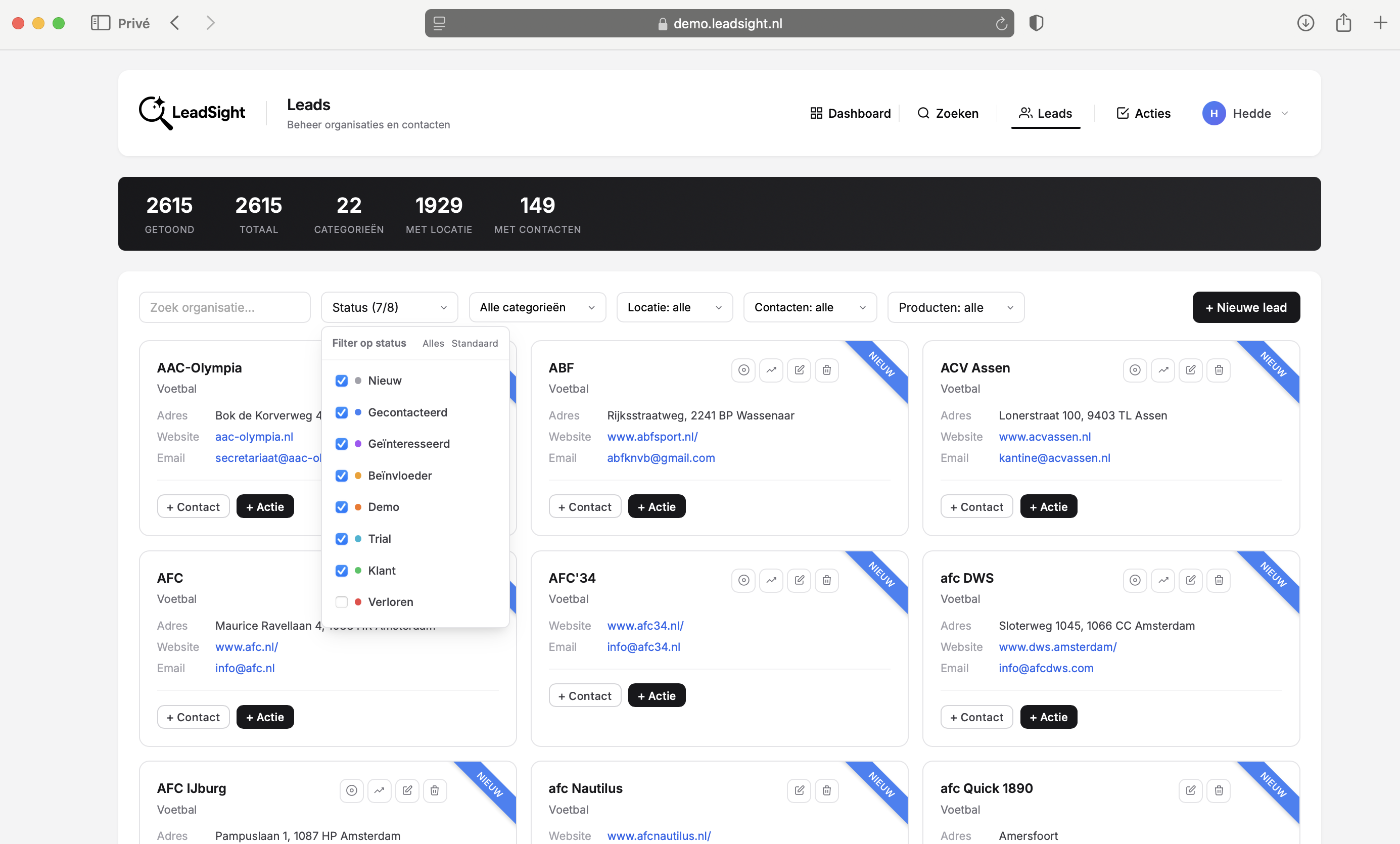 LeadSight Leads met filters
